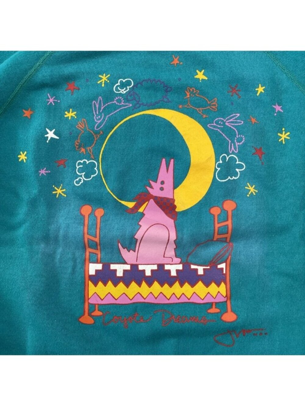 VTG J. Low Hand Painted Sweatshirt Coyote Dreams Green Raglan '80s USA Large